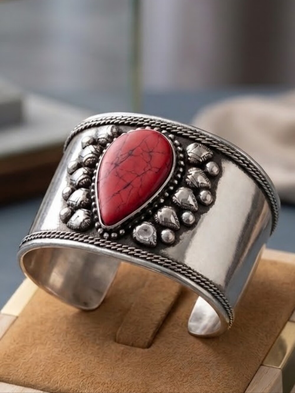 Fuschia Teardrop Stone Silver Cuff Bracelet - Women Jewelry